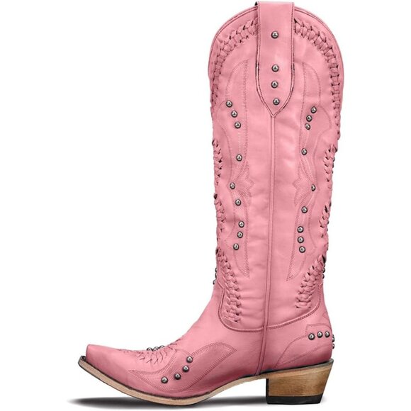 Women's Pink Leather Embroidery Knee High Western Cowgirl Boots Lightweight - Picture 2 of 4